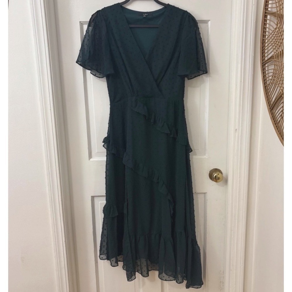 Lulus Swiss Dot Ruffle Faux Wrap Midi Dress M Green Dark Romantic Wedding Guest